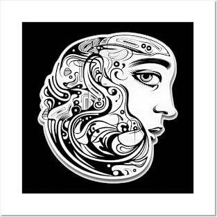 Monochromatic Surreal Woman's Profile with Abstract Elements Posters and Art